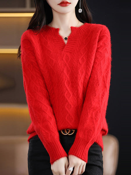 Women Autumn V-Neck Wool Twist Knit Sweater AX1030 Genistyle Shop