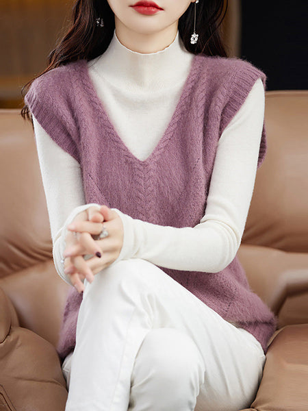 Women Casual Wool V-Neck Twist Knit Vest BA1045 Genistyle Shop