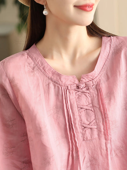 Women Summer Artsy Flower Stand Collar Ramie Shirt LL040 BUYKUD