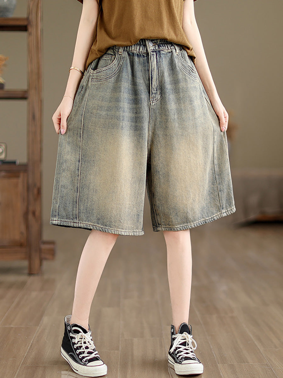 Women Summer Worn Denim Wide-leg Fifth Pants CC037 BUYKUD