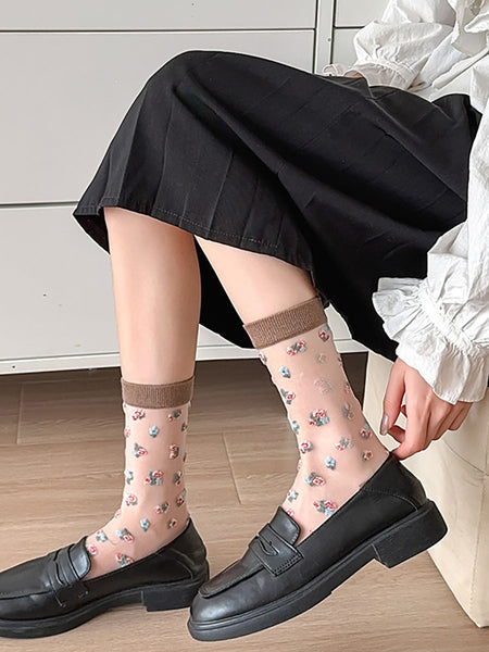 3 Pairs Women Artsy Floral Thin Socks FD037 BUYKUD