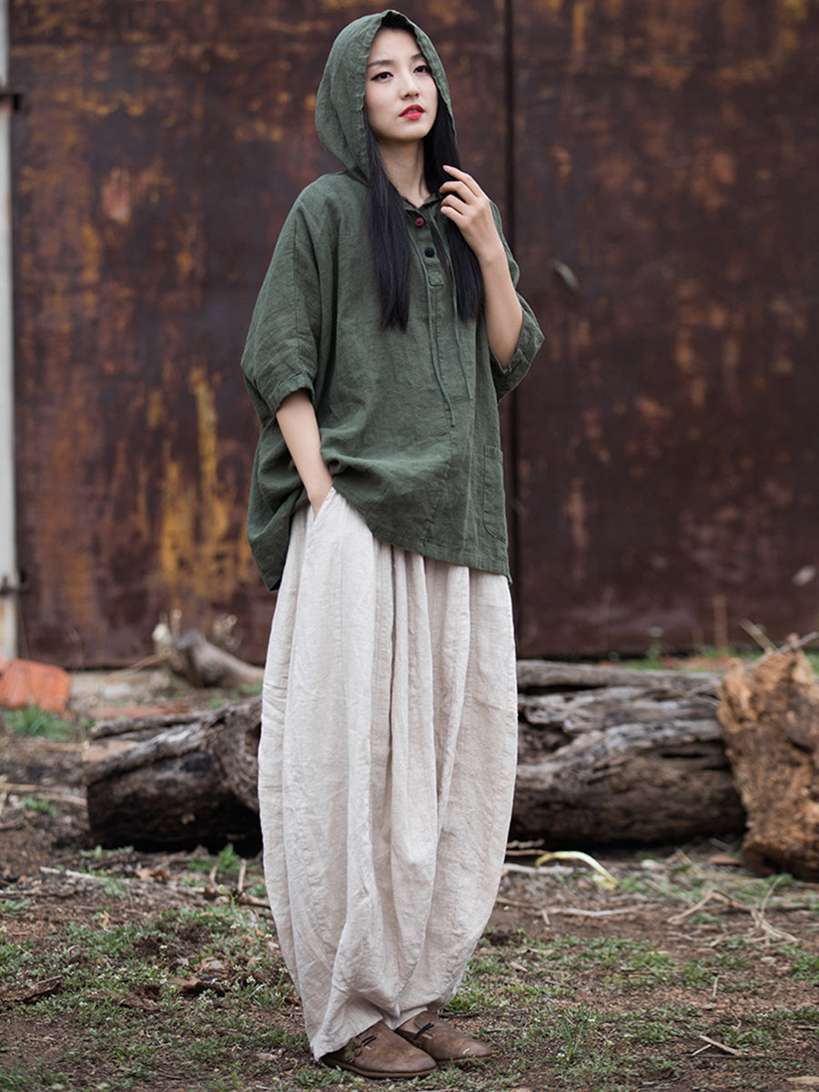 Women Summer Retro Solid Loose Hooded Ramie Shirt CC045 BXF