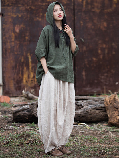 Women Summer Retro Solid Loose Hooded Ramie Shirt CC045 BXF