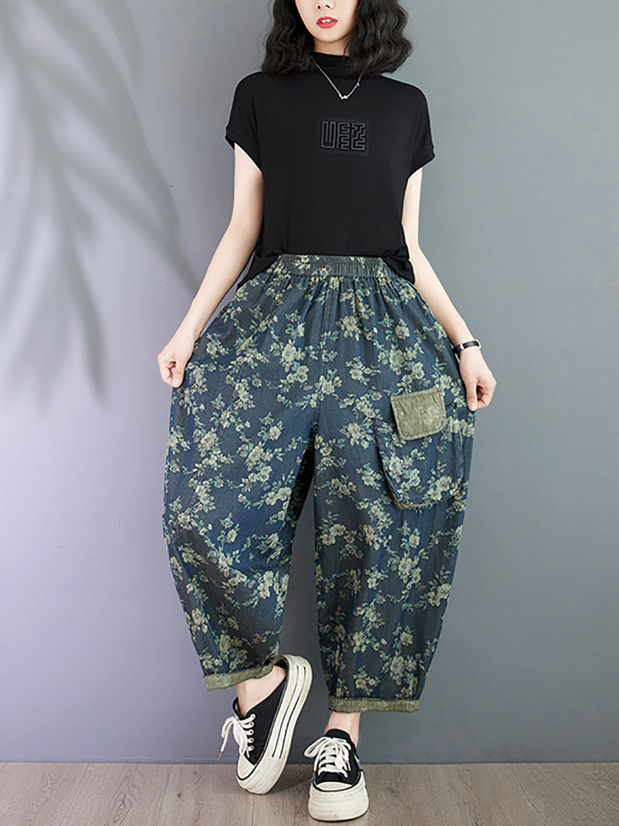 Women Summer Vintage Floral Spliced Harem Pants OO1023 BUYKUD