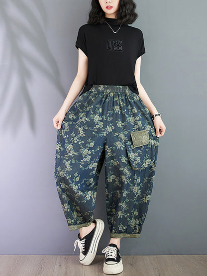 Women Summer Vintage Floral Spliced Harem Pants OO1023 BUYKUD