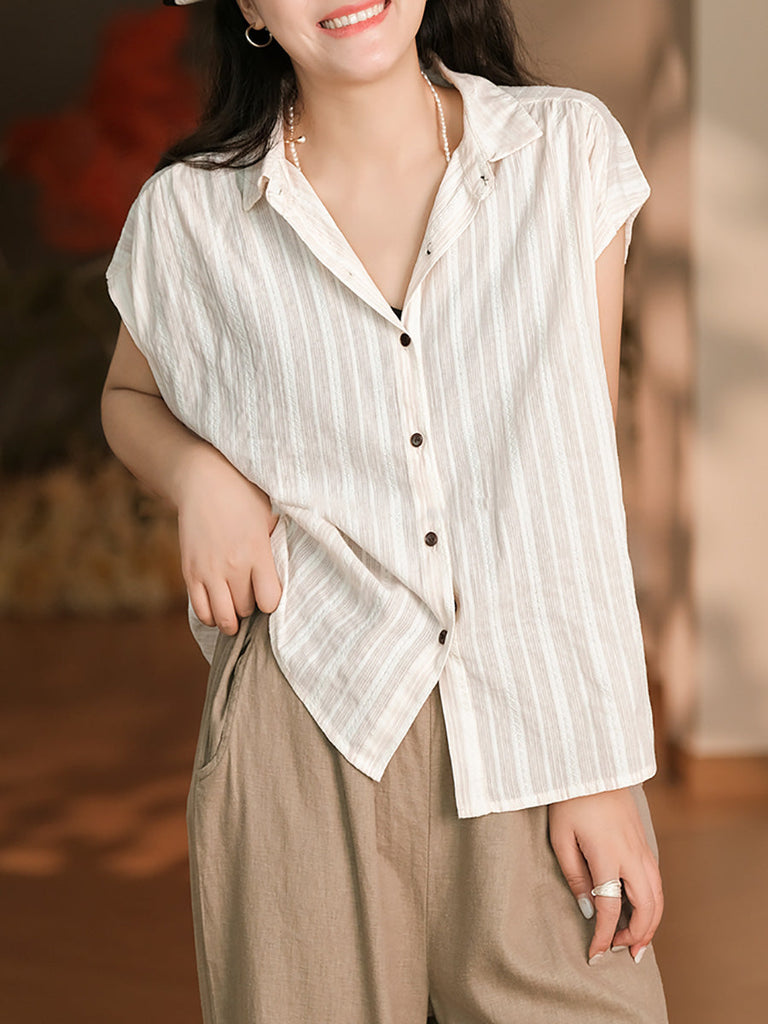 Women Summer Casual Stripe Button-up Cotton Shirt LL043 BUYKUD