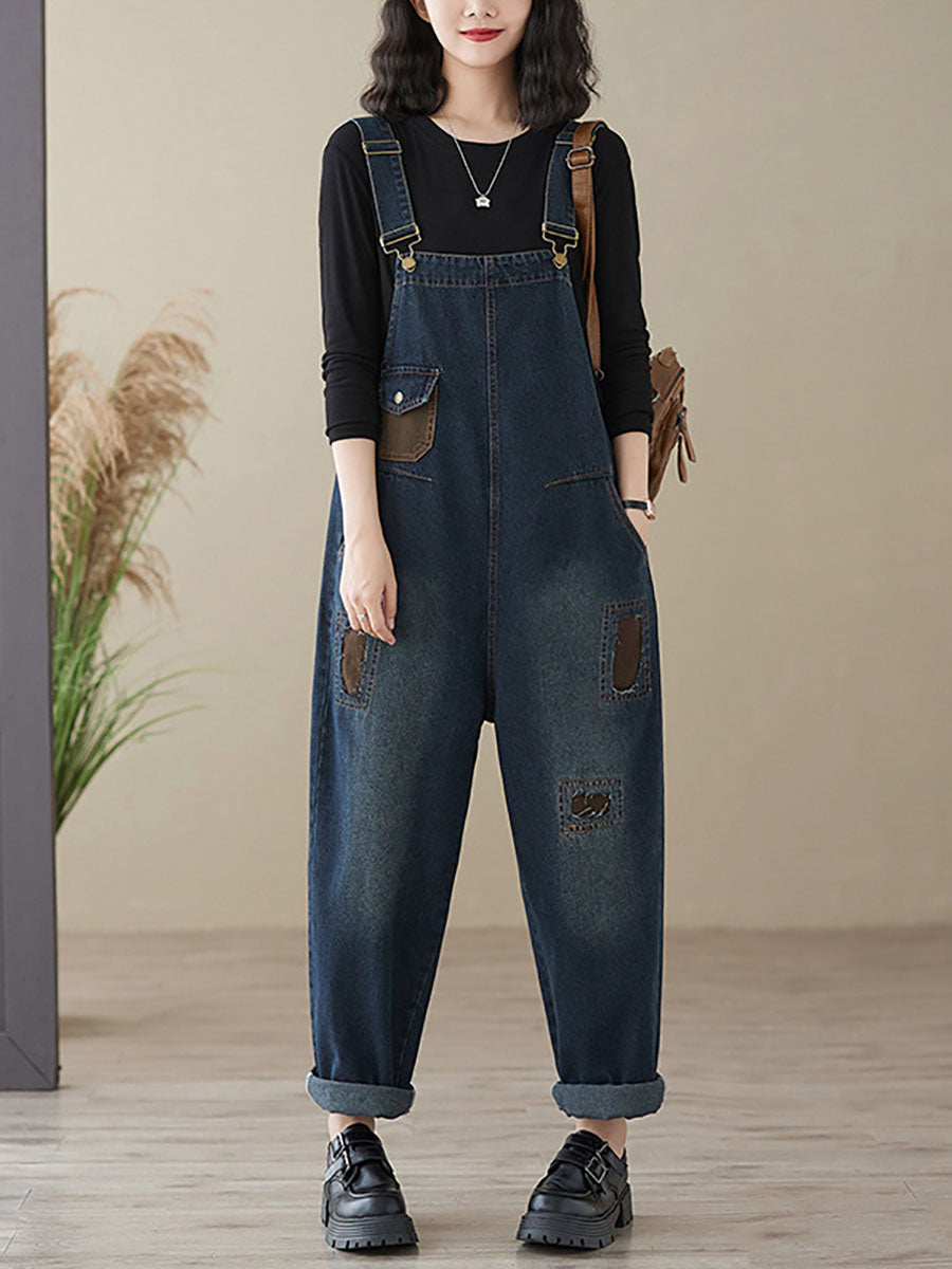 Women Autumn Retro Patchwork Denim Pocket Jumpsuits AI1048 BUYKUD