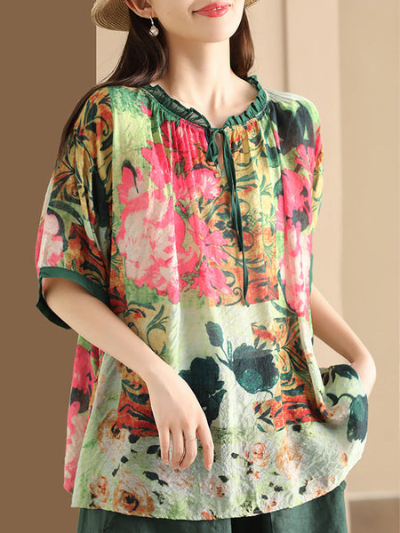 Women Summer Artsy Print Strap Loose Linen Shirt HH046 JLFZ