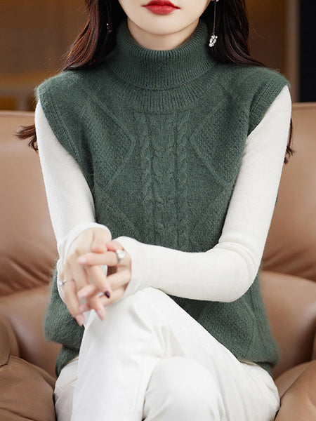 Women Casual Wool Turtleneck Twist Knit Vest AV1033 Genistyle Shop
