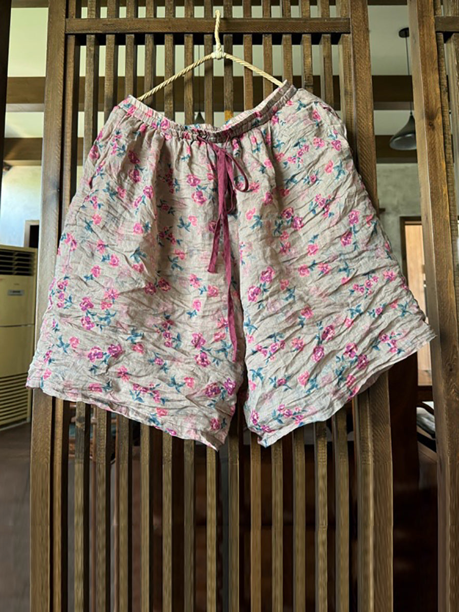 Women Summer Vintage Flower Loose Ramie Shorts RR1024 BUYKUD