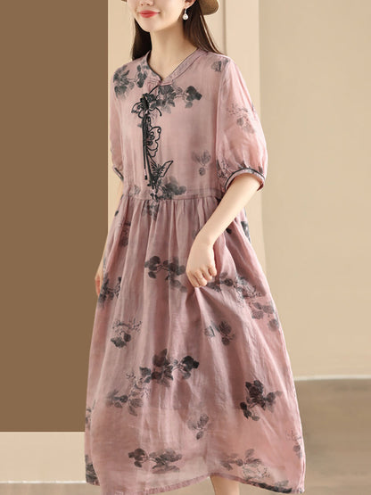 Women Summer Vintage Butterfly Embroidery Ramie Dress PP1036 MDFZ