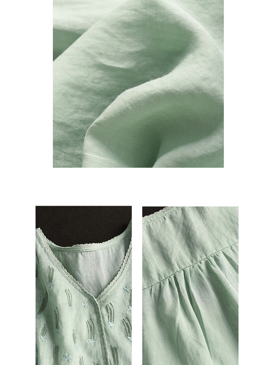 Women Summer Artsy Embroidery V-Neck Ramie Shirt FD005 ZMMM