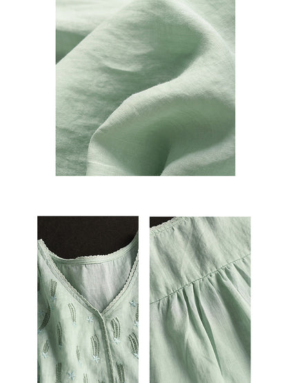 Women Summer Artsy Embroidery V-Neck Ramie Shirt FD005 ZMMM