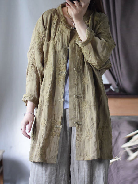 Women Vintage Solid Embroidery Button-Up Stand Collar FG1032 Ada Fashion