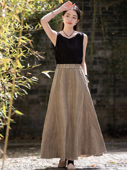 Women Summer Solid Vintage Linen A-Shape Skirt OO1003 BUYKUD