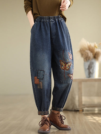 Women Autumn Artsy Butterfly Embroidery Denim Harem Pants AI1078 ZMFS