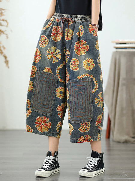 Women Straight Pants Retro Capri Flower Denim FashionChic