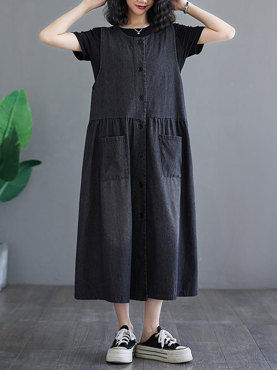 Women Summer Solid Denim Button-up Vest Dress OP1040 BUYKUD