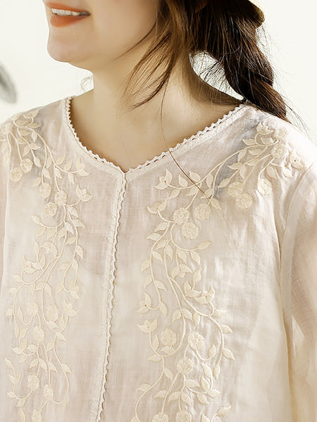 Women Summer Artsy Embroidery V-Neck Ramie Shirt PP1020 ZMMM