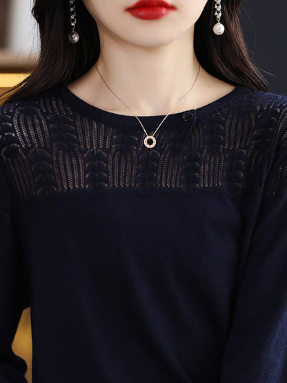 Women Autumn Solid Knit 100%Wool O-Neck Sweater QM019 BK