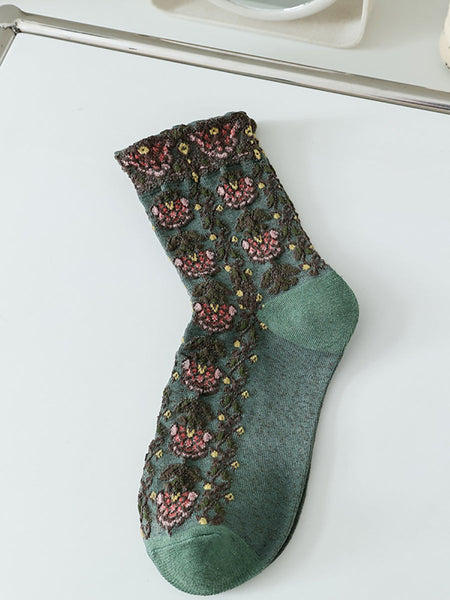 5 Pairs Women Artsy Floral Jacquard Cotton Socks AS1030 BUYKUD