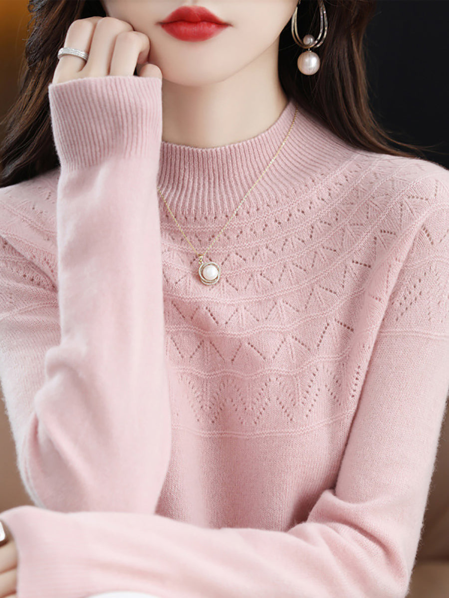 Women Autumn Solid Cable Knit 100%Wool Half Turtleneck Sweater QN017 BK