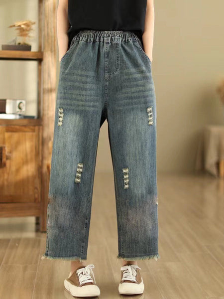 Women Summer Retro Embroidery Frayed Straight Denim Pants AS1042 Ada Fashion