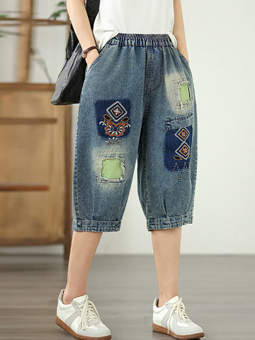 Denim Flower Retro Embroidery Fifth Women Pants Patchwork FashionChic