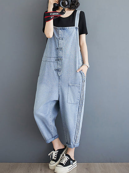 Women Summer Casual Solid Denim Shirred Jumpsuits AT1032 ZMFS