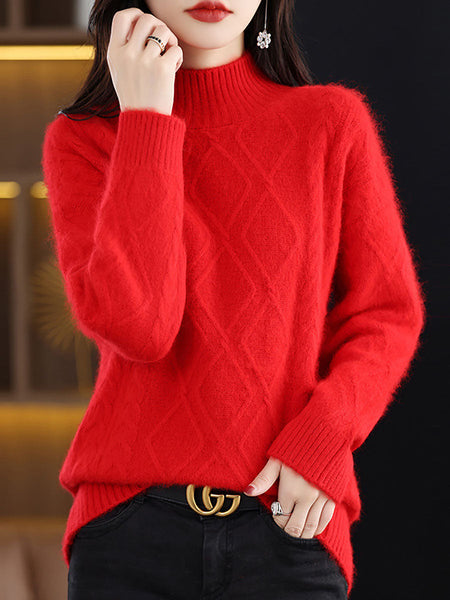 Women Autumn Half Turtleneck Wool Rhombiods Knit Sweater AV1027 Genistyle Shop