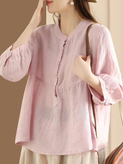 Women Retro Solid Spring Pullover Linen Shirt KL1030 Ada Fashion