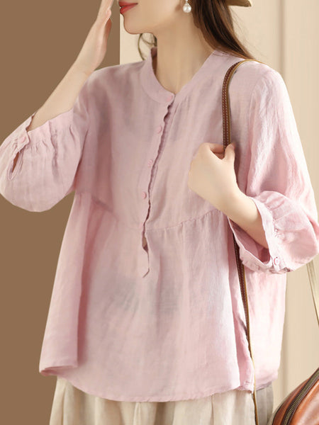 Women Retro Solid Spring Pullover Linen Shirt KL1030 Ada Fashion