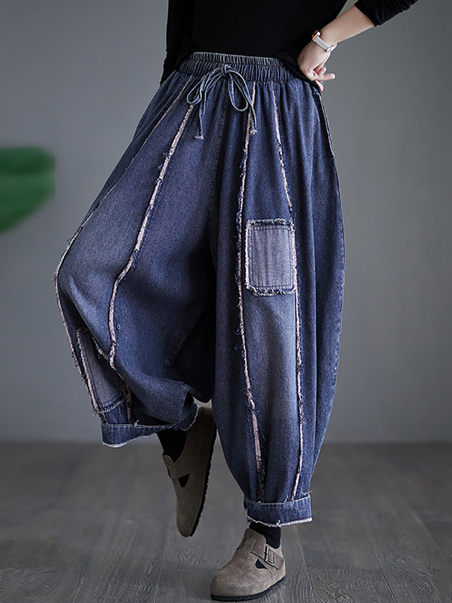 Women Summer Vintage Denim Patch Spliced Harem Pants FD031 ZMFS