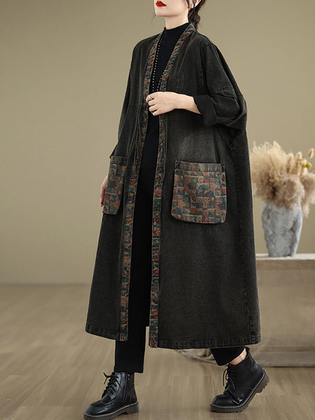 Women Autumn Worn Patch Colorblock Denim Coat AH1067 BK