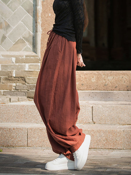 Women Autumn Vintage Solid Ramie Loose Bloomers AV1057 Genistyle Shop