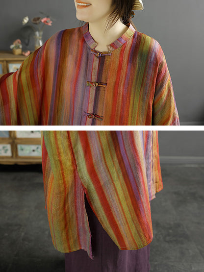 Plus Size Women Summer Stripe Button-up 100%Ramie Shirt Coat KL1032 Ada Fashion
