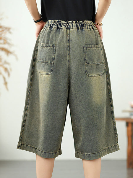 Straight Embroidery Women Denim Fifth Pants Flower Retro FashionChic