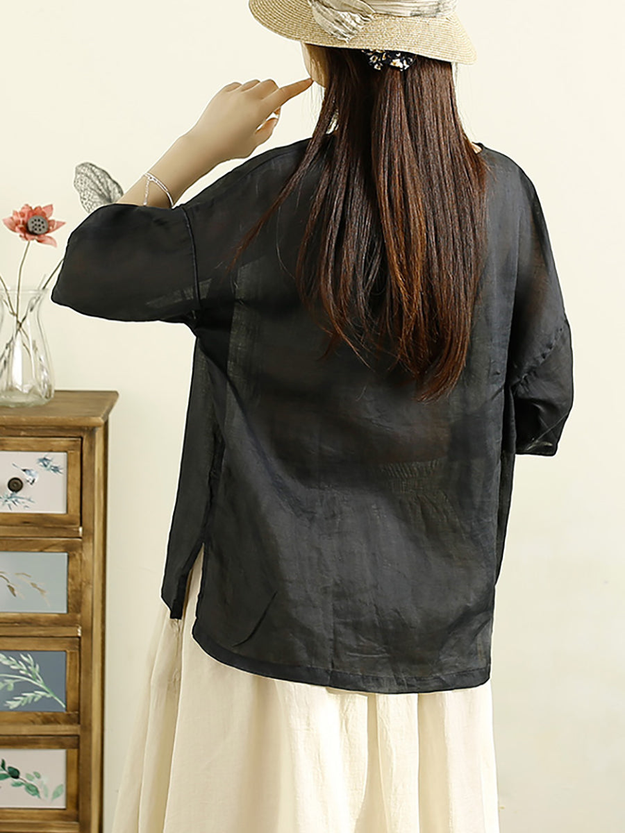 Women Summer Casual Print Loose Ramie Shirt OP1043 OSZF