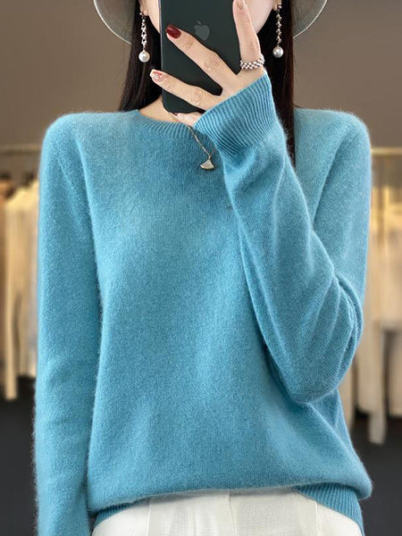 Women Autumn Solid Knit 100%Wool O-Neck Sweater WU023 BK