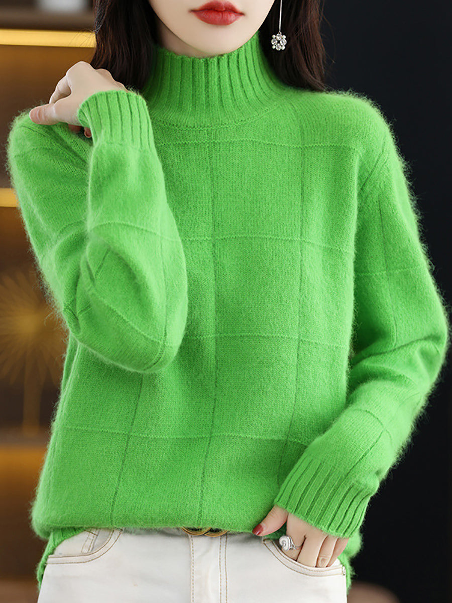 Women Autumn Casual Half Turtleneck Plaid 100%Wool Sweater QU031 BK