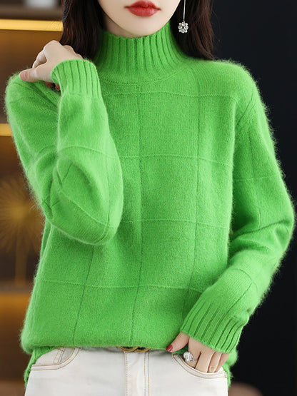 Women Autumn Casual Half Turtleneck Plaid 100%Wool Sweater QU031 BK