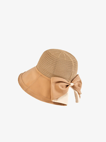 Women Summer Artsy Solid Spliced Bowknot Sunproof Hat CX001 BUYKUD