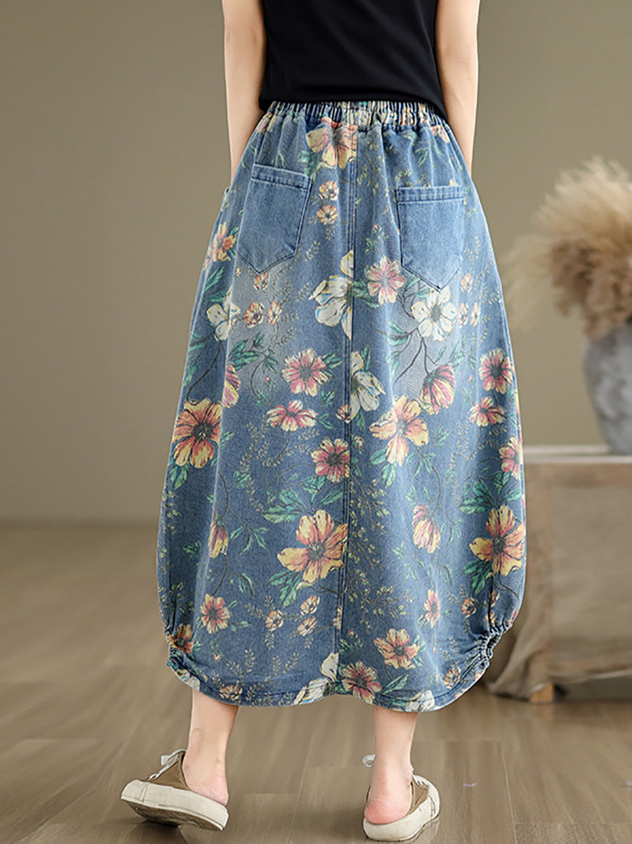 Women Summer Casual Flower Spliced Denim Skirt XX1027 Ada Fashion