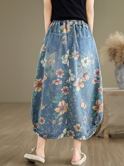 Women Summer Casual Flower Spliced Denim Skirt XX1027 Ada Fashion