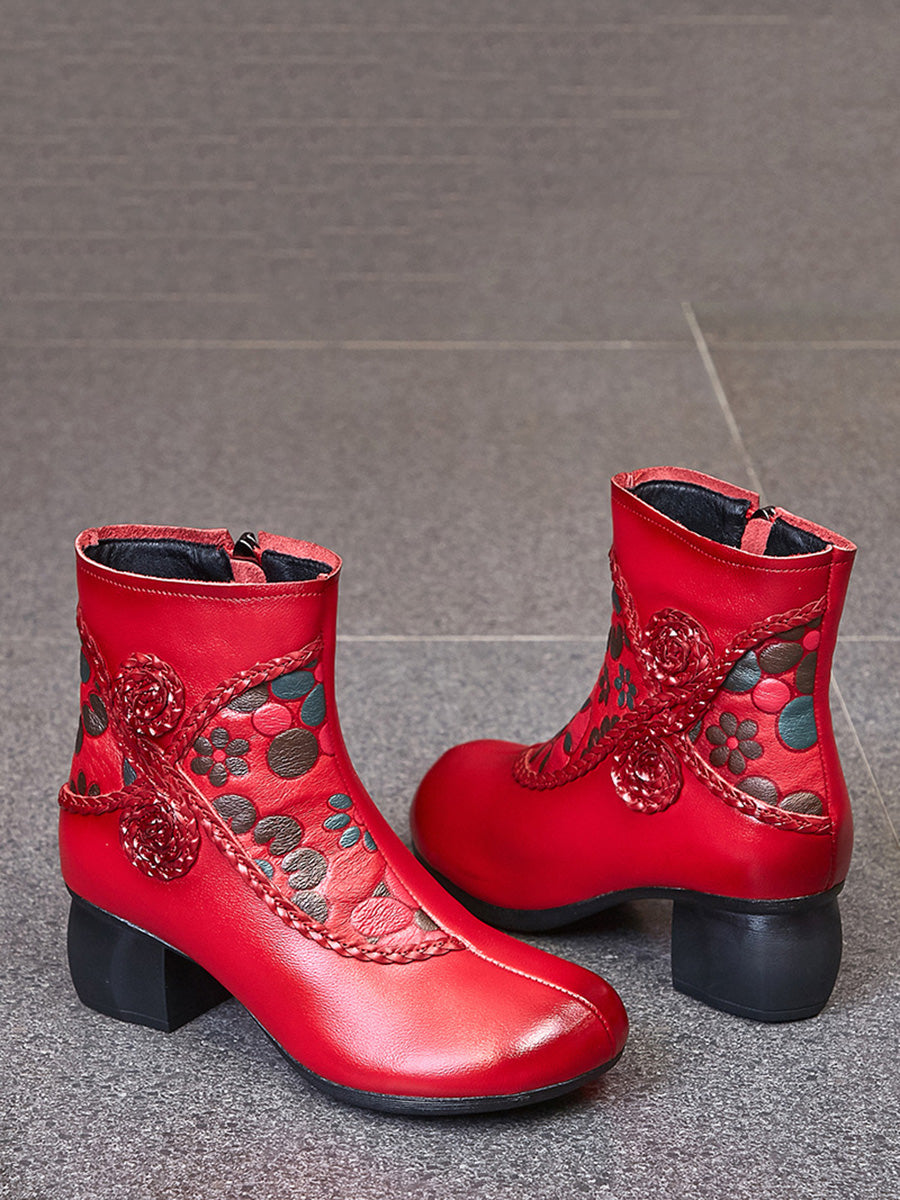 Women Ethnic Winter Flower Spliced Leather Mid-Heel Boots AI1013 MXXZ