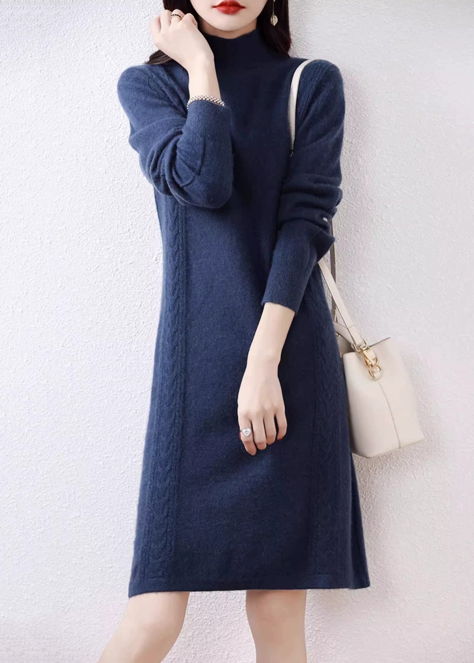 Elegant Navy Turtleneck Solid Wool Knit Sweater Dress Fall QX022 shopify