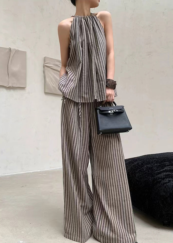 French Fashion Coffee Striped Top Wide Leg Pants Two Piece Set Summer EE055 shopify