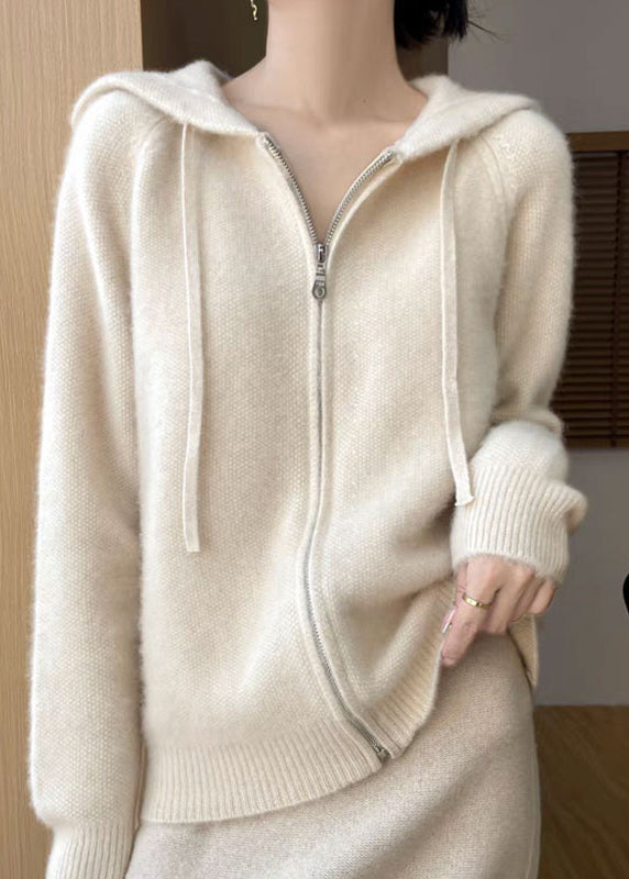 Elegant Beige Hooded Zippered Solid Cotton Knit Coat Fall QX027 shopify