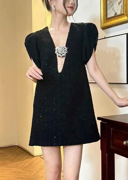 French Black V Neck Zircon Cotton Mid Dress Summer QP034 OL-SDM241001