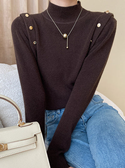 Elegant Grey High-Neck Buttoned Decor Long Sleeve Knit Sweater AN1050 Genistyle Shop